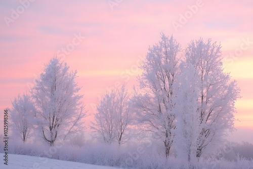 A beautiful winter sunset with soft, pastel colors in the sky and silhouettes of frosted trees