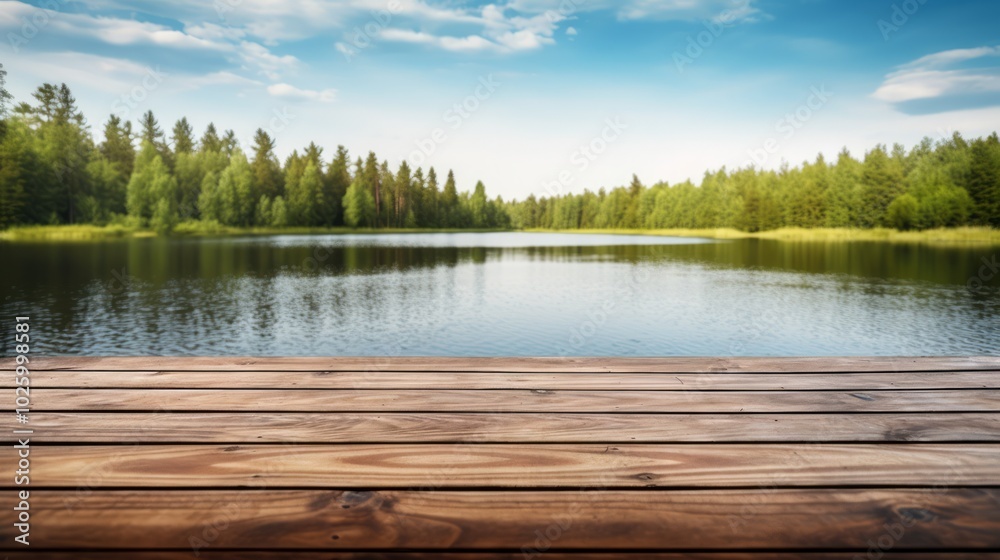 Wooden table top on blur green forest and lake or swamp. Fresh and Relax concept. Neural network ai generated art Wooden table top on blur green forest and lake or swamp. Fresh and Relax concept. Neural network ai generated art