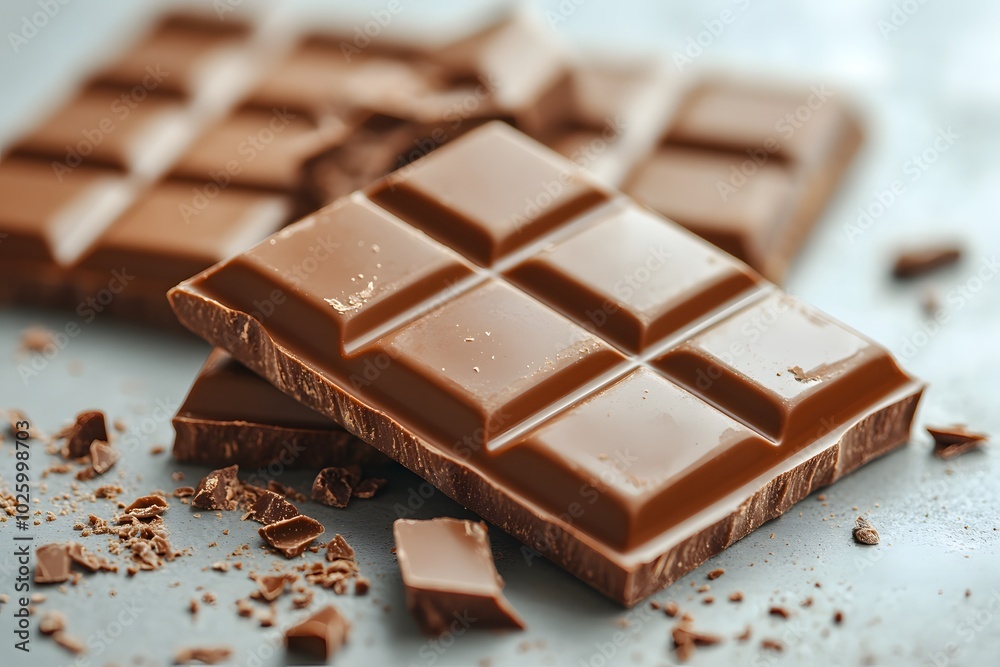 A close-up of a classic chocolate bar with a smooth, shiny surface, broken into pieces and set on a clean, neutral background A close-up of a classic chocolate bar with a smooth, shiny surface, broken into pieces and set on a clean, neutral background