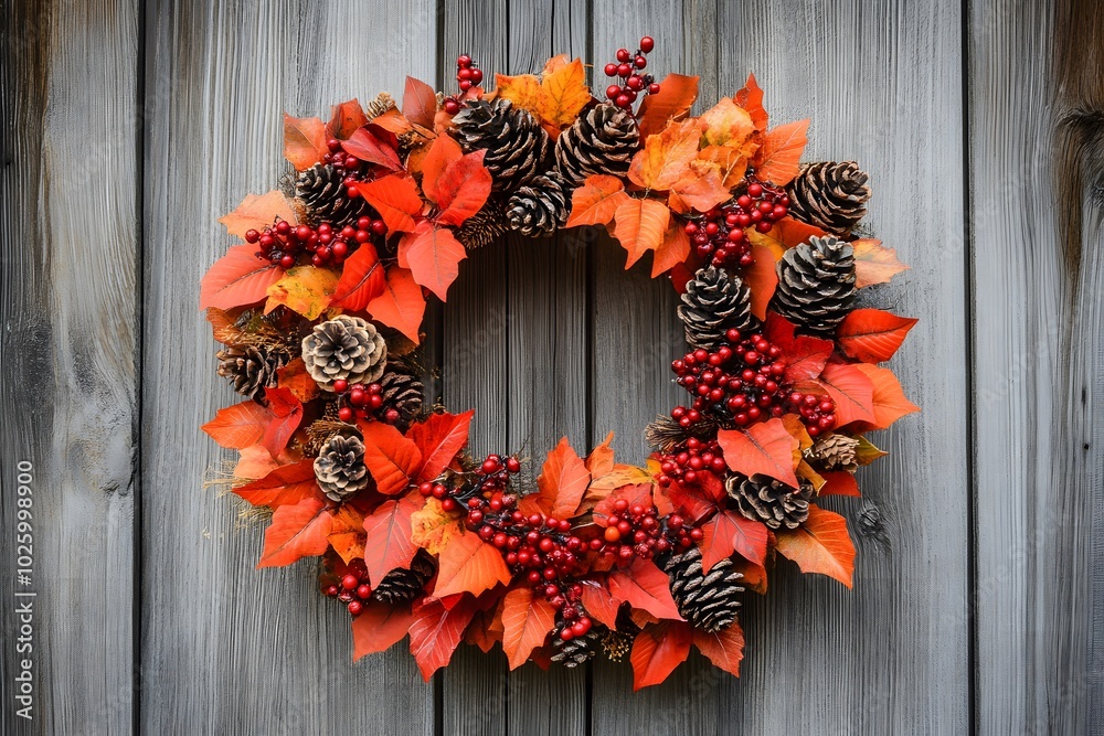 Close up of fall wreath made of orange and red leaves Close up of fall wreath made of orange and red leaves