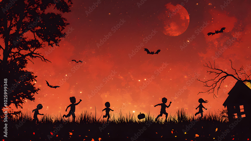 A group of children are running through a field on Halloween night A group of children are running through a field on Halloween night
