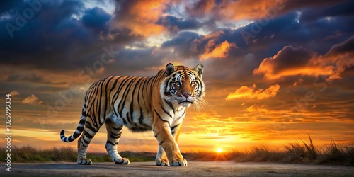 Siberian Tiger Silhouette Walking Towards the Camera in Nature with Copy Space for Wildlife Photography