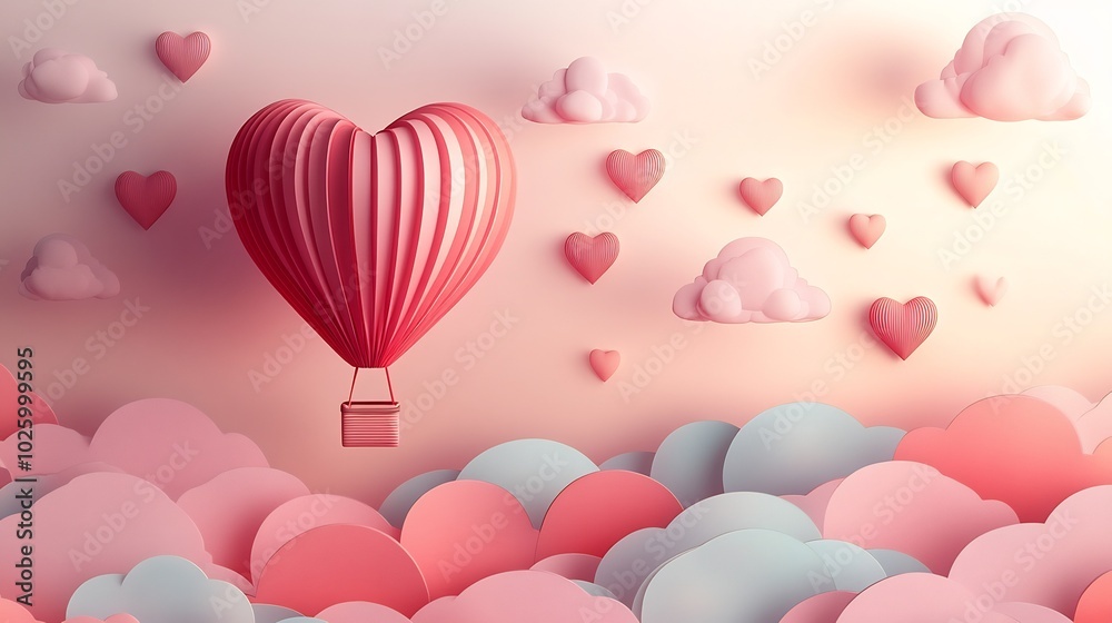 Heartshaped hot air balloon drifting among numerous tiny heartshaped balloons set against pastel sky Paper art and origami theme for a romantic Valentines Day vector design Heartshaped hot air balloon drifting among numerous tiny heartshaped balloons set against pastel sky Paper art and origami theme for a romantic Valentines Day vector design