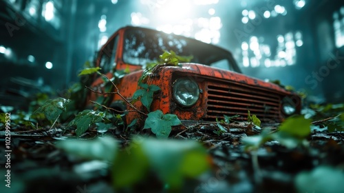 A rusted orange car enveloped by vibrant green foliage amidst an old derelict urban space, symbolizing nature's ability to reclaim and flourish over time. photo