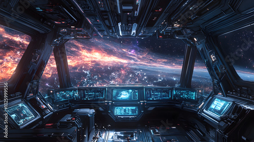 Fototapeta Naklejka Na Ścianę i Meble -  A spaceship cockpit with a view of the stars and a planet