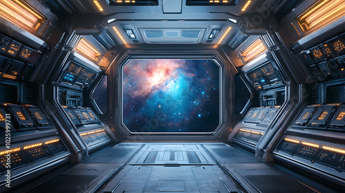 Fototapeta Naklejka Na Ścianę i Meble -  A space shuttle is shown with a large screen in the middle of the interior