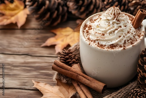 A cozy hot chocolate cup topped with whipped cream and cinnamon sticks, sitting on a wooden table surrounded by fall decorations like pine cones and autumn leaves, with space for text. 

 photo