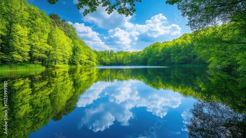 Lush green trees surround a peaceful lake reflecting a bright blue sky with white clouds, symbolizing environmental harmony and natural beauty