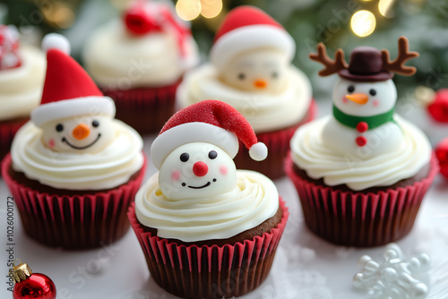 Christmas Cupcakes with Festive Toppers, A set of beautifully decorated cupcakes with holiday-themed toppers like reindeer, snowmen, and Santa hats, Holiday season dessert food photography