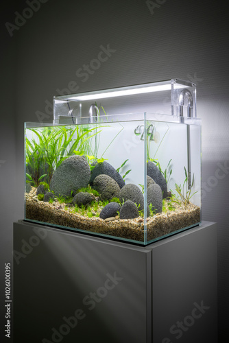 Beautiful small home aquarium, river style aqua scape