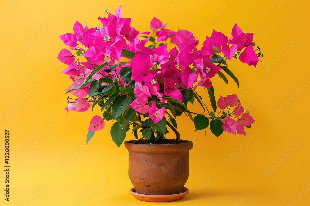 Bougainvillea plant in a clay pot with vibrant pink flowers against a bright yellow background Bougainvillea plant in a clay pot with vibrant pink flowers against a bright yellow background