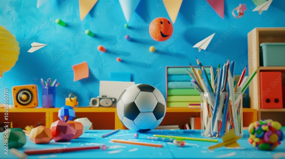 Fun and Colorful Playroom with a Soccer Ball and Craft Supplies for Kids Fun and Colorful Playroom with a Soccer Ball and Craft Supplies for Kids