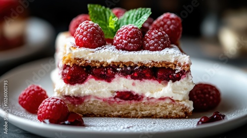 An artistic slice of raspberry cake, topped with cream and mint, is presented elegantly on a plate, emphasizing decadent indulgence and culinary artistry in fine dining.