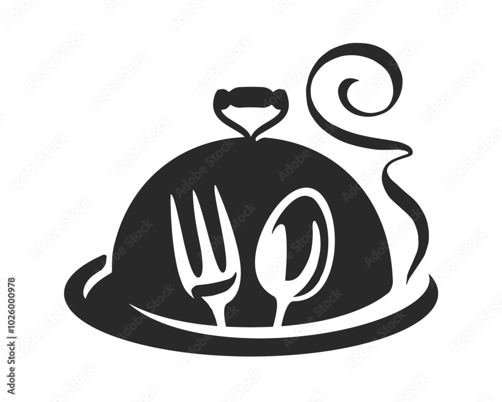 Tray with lid, fork and spoon emblem logo. Hot food symbol for restaurant or cafe menu Tray with lid, fork and spoon emblem logo. Hot food symbol for restaurant or cafe menu