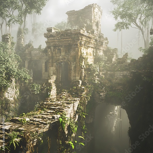 Ancient ruins covered in greenery with misty ambiance. photo