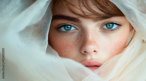 A captivating image of a woman's face wrapped in soft, flowing fabric, highlighting her enchanting blue eyes and soft facial features against a gentle backdrop.