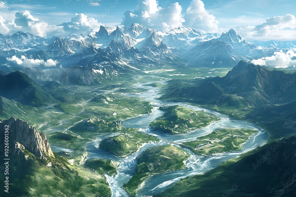 Naklejka premium Breathtaking mountain landscape with river and lush greenery.