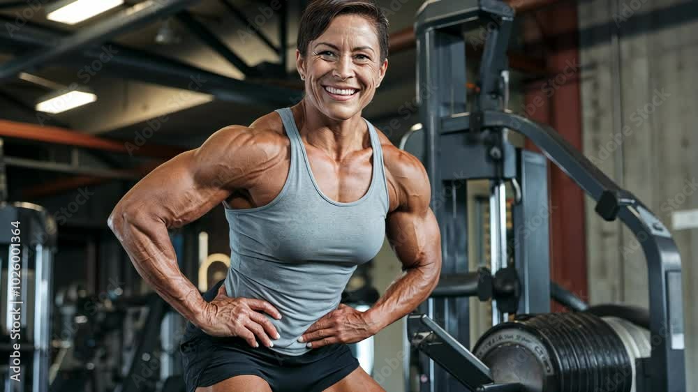 Middle-aged female bodybuilder smiling with confidence, gym setting in the background Middle-aged female bodybuilder smiling with confidence, gym setting in the background