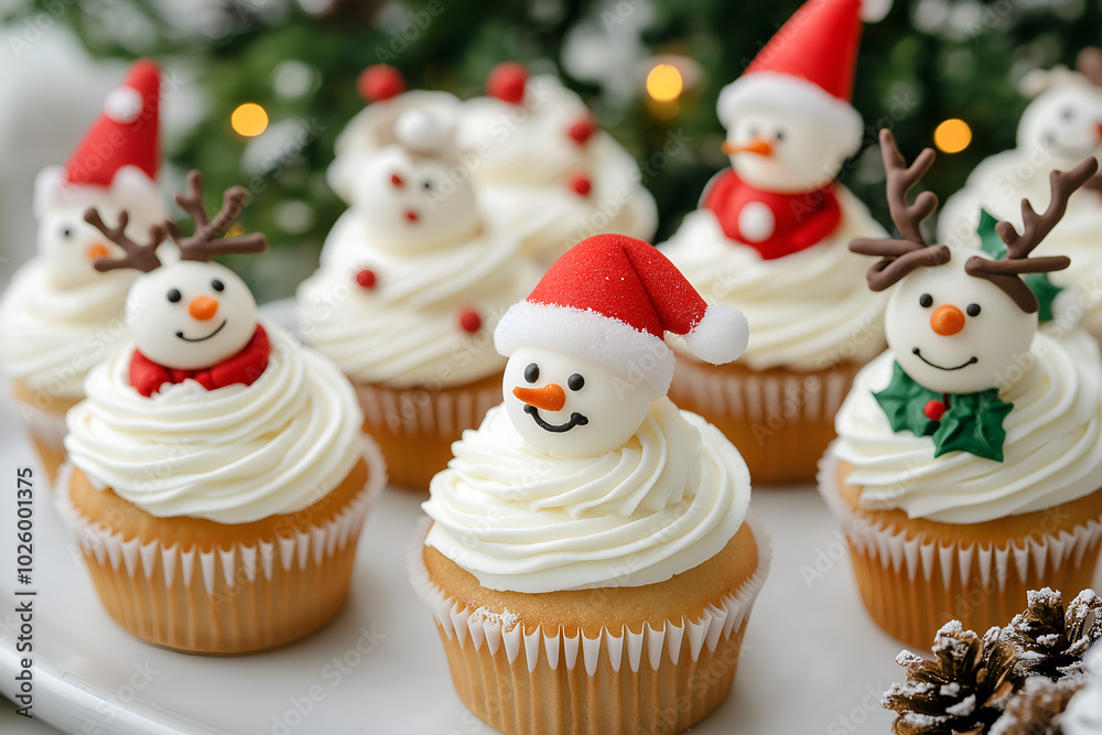 Christmas Cupcakes with Festive Toppers, A set of beautifully decorated cupcakes with holiday-themed toppers like reindeer, snowmen, and Santa hats, Holiday season dessert food photography Christmas Cupcakes with Festive Toppers, A set of beautifully decorated cupcakes with holiday-themed toppers like reindeer, snowmen, and Santa hats, Holiday season dessert food photography