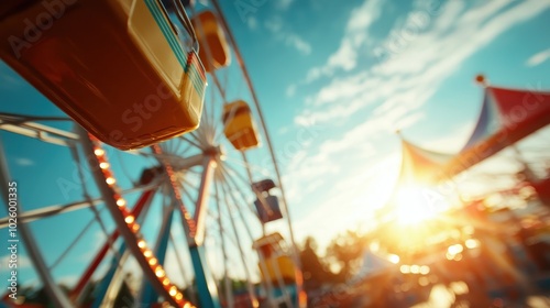 Majestic Ferris wheel with colorful carriages silhouetted against a bright sunny sky, offering a scene of childhood wonder, playfulness, and joyful anticipation. photo