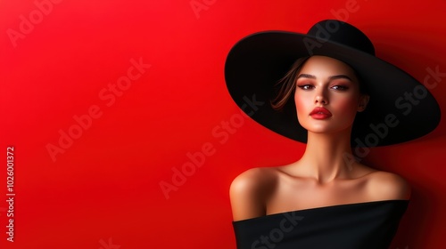 A sophisticated woman with a striking black hat poses elegantly against a vibrant red background, showcasing timeless fashion and radiant beauty in a captivating image. photo