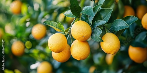 Bunches of fresh yellow ripe lemons on lemon tree branches in garden