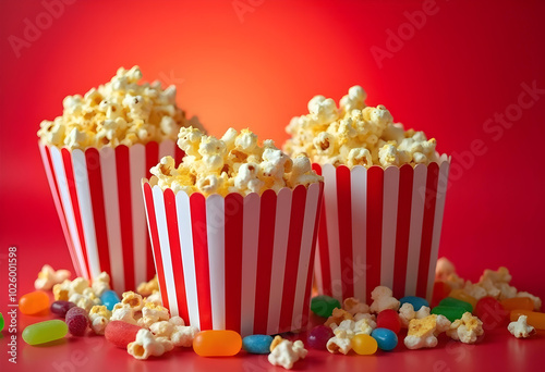 Crispy popcorn in striped containers surrounded by colorful candies creates fun and festive atmosphere perfect for movie nights or celebrations photo