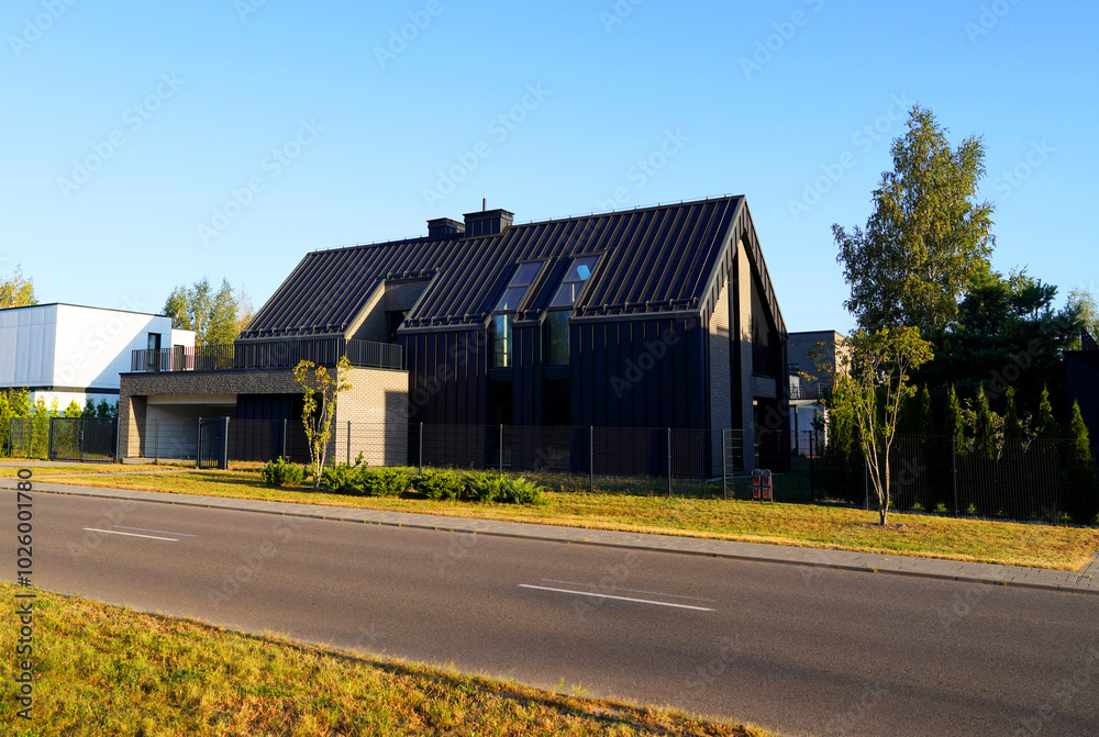 Barn House in village. Modern Architecture, luxury house in suburb. Wooden Scandi home in. Modern Scandinavian Barnhouse. Contemporary barnhouse in green environment. Barn house in Gated Community.