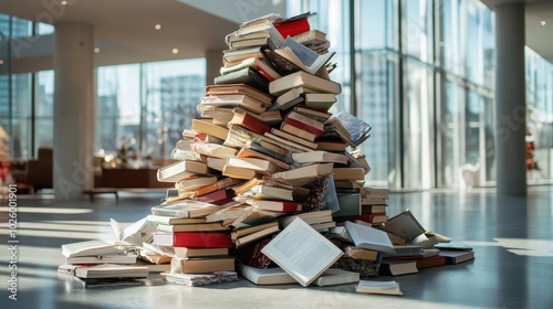 A large pile of assorted books is artfully arranged in the spacious and modern interior of a well-lit library setting, evoking curiosity and learning. photo