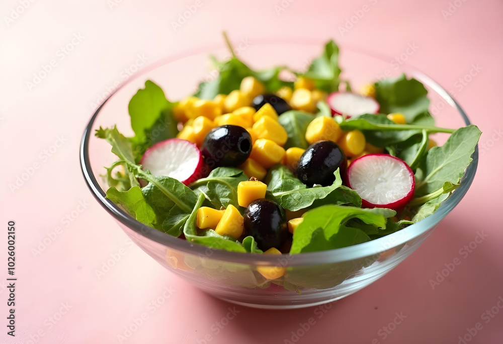 Fresh salad with greens, corn, olives, and radishes, beautifully arranged in clear bowl, showcasing vibrant colors and textures that evoke sense of health and vitality Fresh salad with greens, corn, olives, and radishes, beautifully arranged in clear bowl, showcasing vibrant colors and textures that evoke sense of health and vitality