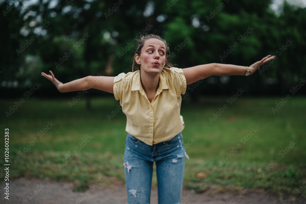 Girl having fun alone in the park, making playful expressions and enjoying the outdoors on a casual day. Girl having fun alone in the park, making playful expressions and enjoying the outdoors on a casual day.