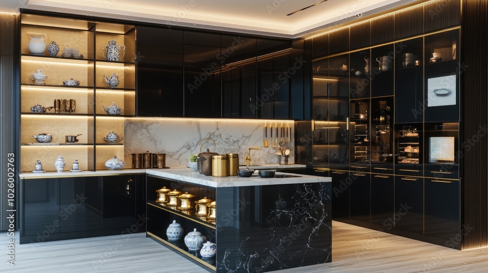 A modern Asian kitchen with high-gloss black cabinets A modern Asian kitchen with high-gloss black cabinets