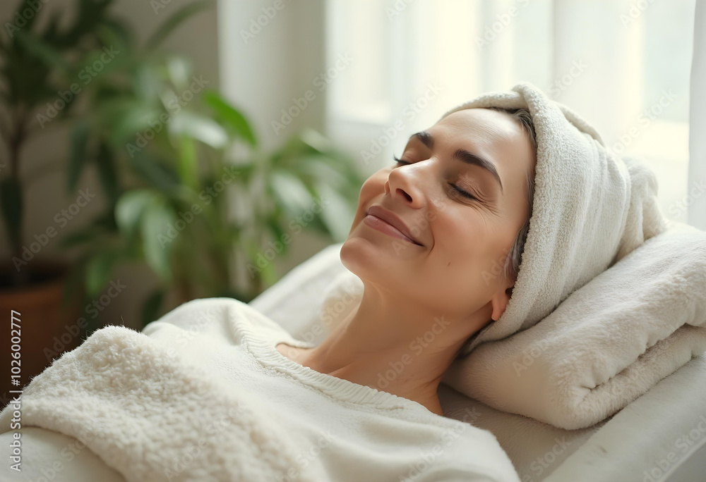 Relaxing woman enjoying spa treatment with towel on her head, surrounded by natural light and greenery. serene atmosphere enhances her peaceful expression Relaxing woman enjoying spa treatment with towel on her head, surrounded by natural light and greenery. serene atmosphere enhances her peaceful expression
