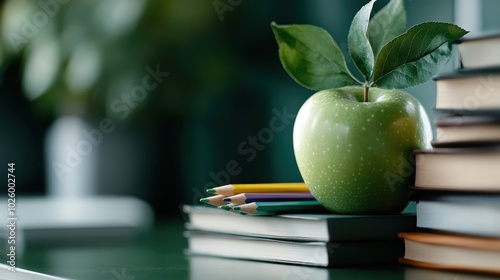 A single green apple placed on top of neatly stacked books accompanied by colorful pencils, symbolizing education, learning, and the thirst for knowledge. photo