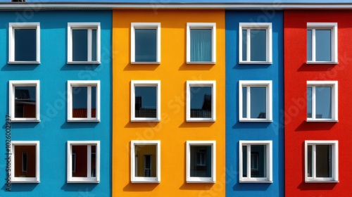 A striking view of a building facade with geometric window patterns in primary colors, showcasing a creative and modern urban architectural design. photo