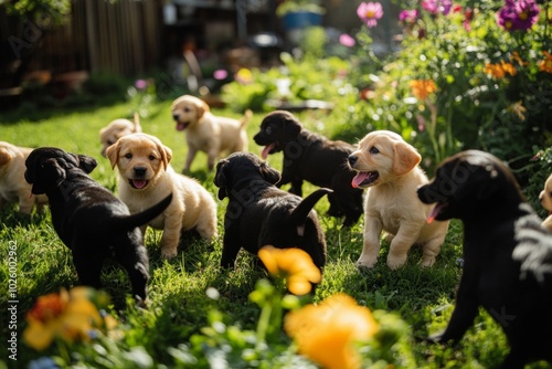 A joyful scene with playful puppies in a colorful garden. These adorable dogs explore their surroundings in bright sunshine. Perfect for animal lovers. Generative AI photo