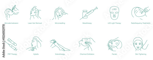 Microdermabrasion, Laser Hair Removal, Microneedling, Mesotherapy, LED Light Therapy, Radiofrequency Treatment, PRP Treatment, Kybella, Celiotherapy, Chemical Exfoliation, Facials, and Skin Tightening