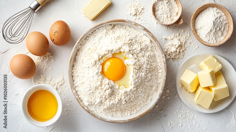 Ingredients for baking, including flour, eggs, and butter. Ingredients for baking, including flour, eggs, and butter.