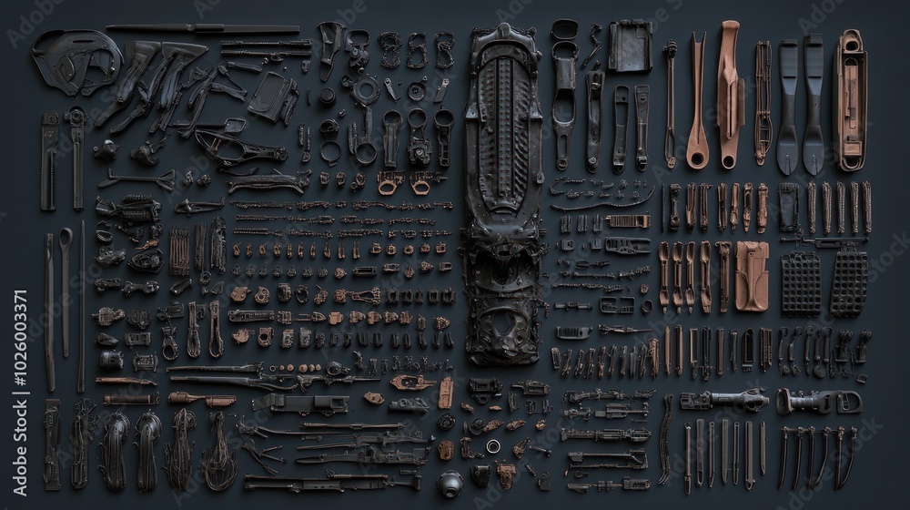 Fototapeta premium Disassembled Black and Bronze Futuristic Machine Parts on a Dark Background