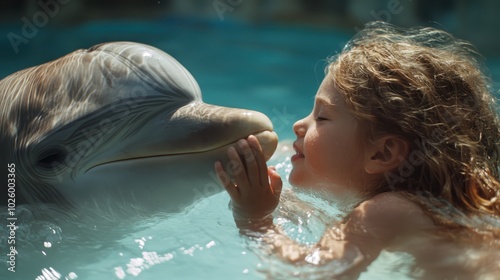 An intimate underwater scene where a child gently touches a dolphin, capturing the tender moment of connection between human and animal in serene aquatic surroundings. photo