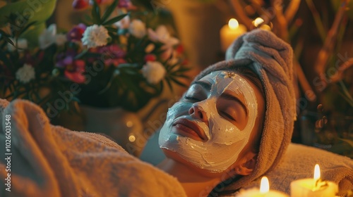 Relaxing Spa Evening: A Woman Enjoys a Face Mask Surrounded by Flowers and Candles