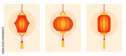 Chinese red holiday glowing lanterns posters set. Asian decoration. Design cartoon elements in flat style. 