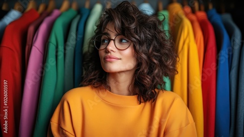 A woman with stylish curly hair and glasses stands confidently against a background of colorful clothes, exuding a sense of modern fashion and individuality.