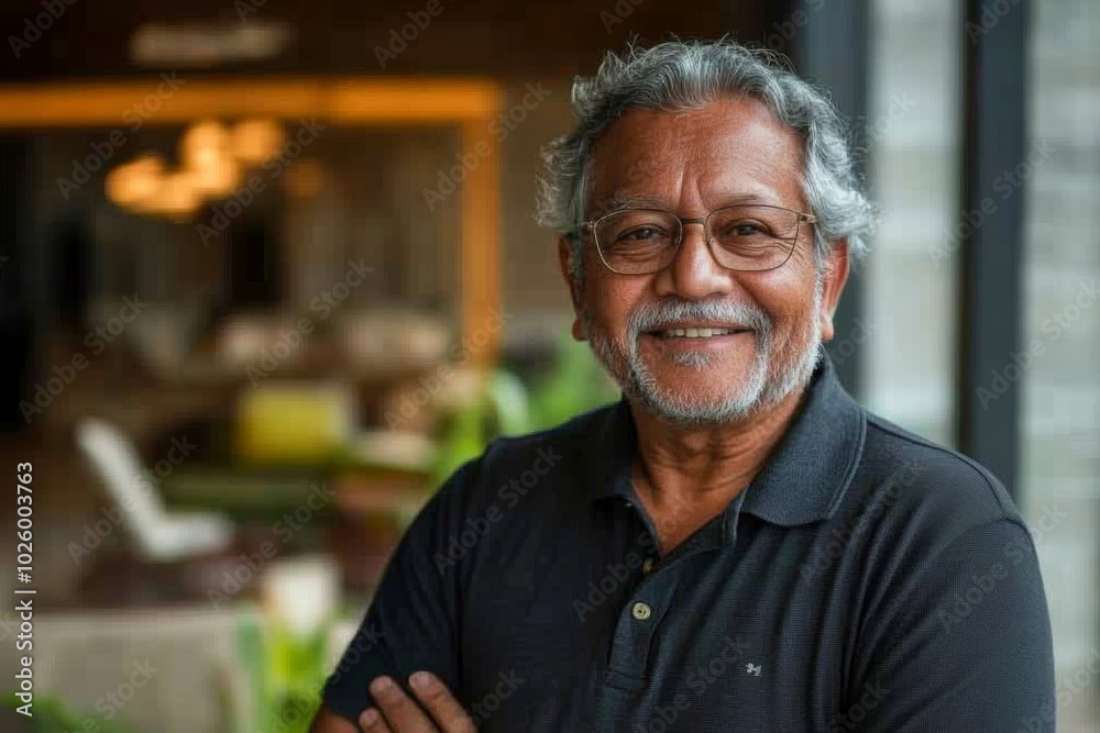 Portrait of a merry indian man in his 70s wearing a breathable golf polo in front of modern minimalist interior Portrait of a merry indian man in his 70s wearing a breathable golf polo in front of modern minimalist interior