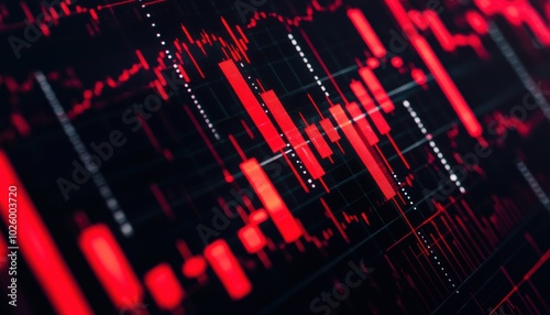 A digital representation of stock market data, featuring red candlestick charts indicating a downward trend.