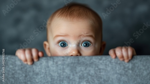 A baby with large, expressive eyes peers over a gray textured surface, highlighting a sense of wonder and intrigue in a setting that exudes modern simplicity. photo