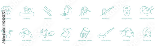 Carboxytherapy, Cryotherapy, PRP Therapy, Kybella, Microneedling, Mesotherapy, LED Light Treatment, Radiofrequency Treatment, Body Contouring, Acne Treatment, Skin Resurfacing, IPL Treatment icons