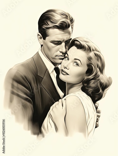 A Couple Embraces in a Romantic Illustration