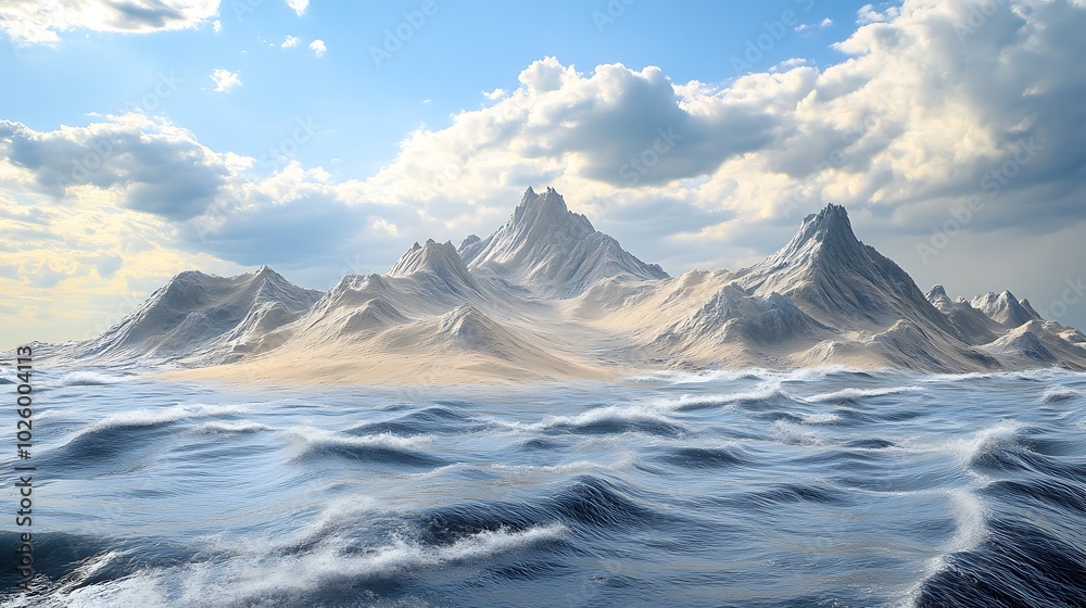 Majestic mountains emerging from serene ocean waves Majestic mountains emerging from serene ocean waves