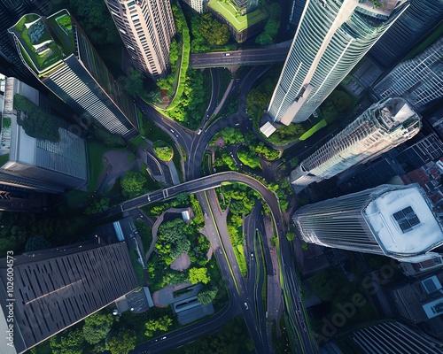 Aerial view of a futuristic city, lush greenery intertwining with sleek skyscrapers, vibrant color palette photo